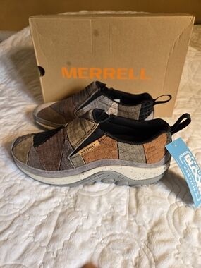 Merrell Mens Jungle Moc  Patchwork Slip-On Loafer in Brown, Gray & Black